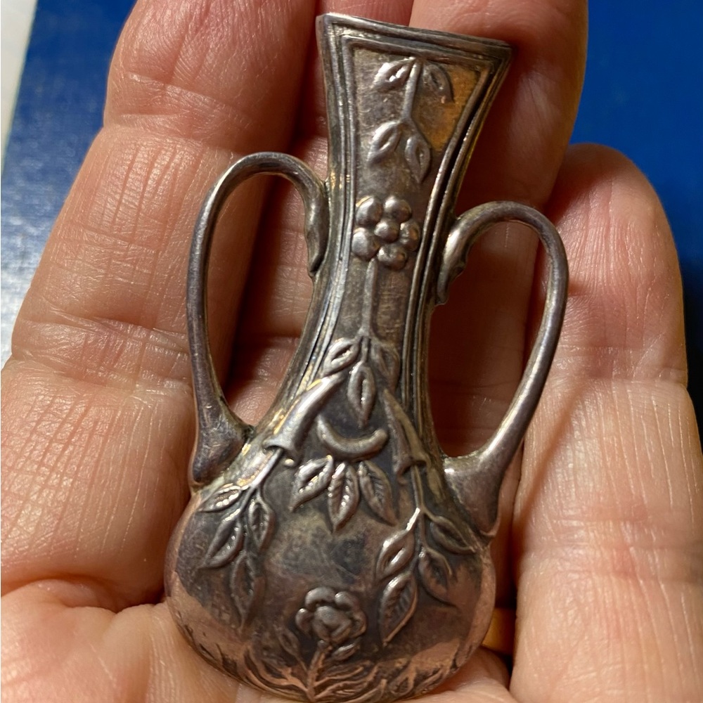 Vintage Floral Vase Brooch oxidized Sterling silver 925
